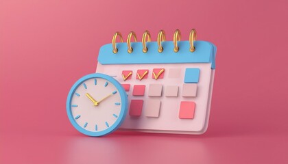 A colorful calendar and clock arrangement, perfect for scheduling, planning, and time management in a vibrant workspace.