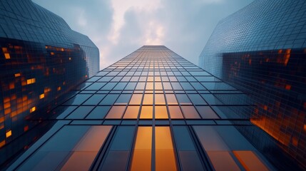 A modern skyscraper with sleek glass facades reflecting the city skyline