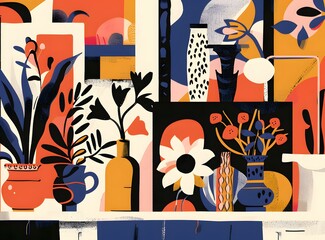 Abstract Floral Still Life with Modern Vases