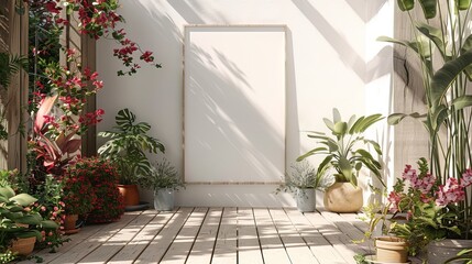 White Patio with Plants and Frame Mockup. A serene white patio with a wooden deck, potted plants, and a blank frame mockup on the wall