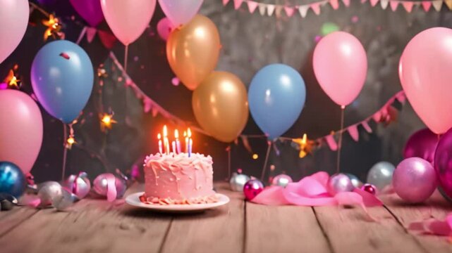 birthday cake with candles and Balloons 