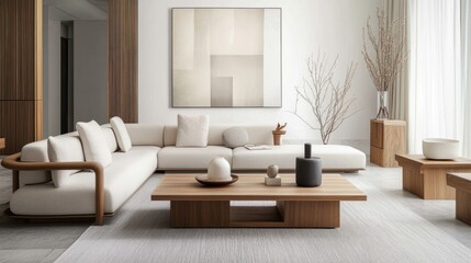 Minimalist living room, modern, space, gray and white tones, create, elegant atmosphere, warm, quiet sense, simple walls, minimalist, aesthetic, simple, comfortable, elegant, lifestyle, modern design,