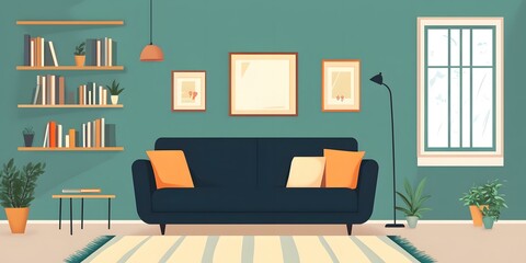 Cozy Living Room with Sofa and Bookshelf