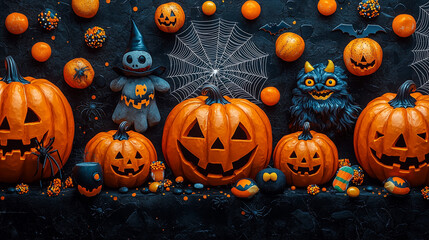 Black background with Halloween decor: orange pumpkins, spider webs, monsters, and candy, perfect for seamless wrapping paper or wallpaper.