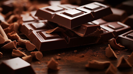 Tasty chocolate and powder on wooden background. Sweet food