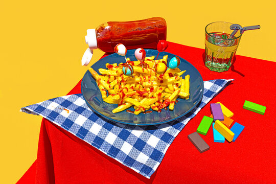 Still life of french fries in plate and ketchup on table against yellow background