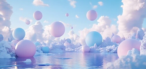 3D render of pastel blue, pink spheres floating in the air above an icy lake