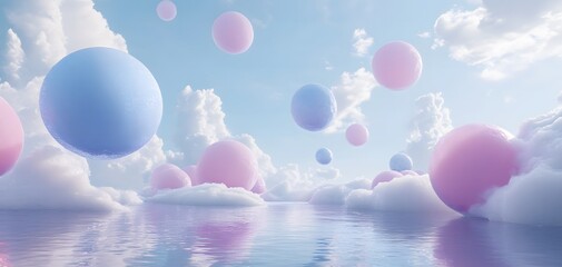 3D render of pastel blue, pink spheres floating in the air above an icy lake