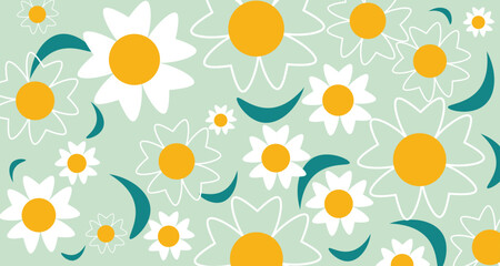 Flat Style Spring Daisy with Leaf Green Background