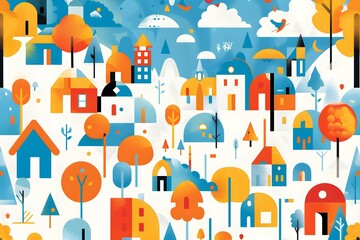 Fototapeta premium Abstract Geometric Illustration of a Winter Village with Colorful Houses and Trees