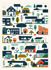 Geometric Illustration of a Town with Houses and Trees