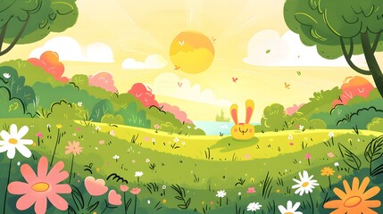 Naklejka premium Cute Cartoon Rabbit Sitting In Meadow With Flowers