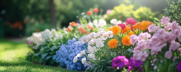 Obraz premium a sunlit garden filled with vibrant flowers in full bloom.