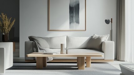 Minimalist living room, modern, space, gray and white tones, create, elegant atmosphere, warm, quiet sense, simple walls, minimalist, aesthetic, simple, comfortable, elegant, lifestyle, modern design,