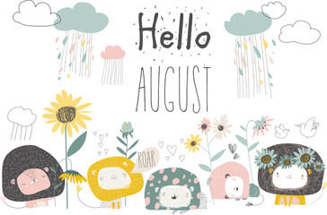 Cute lions with flowers and clouds. Hello august