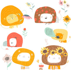 Set of cute lions and flowers. Hello august
