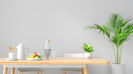 A simple, airy dining area with a light wood table, modern white chairs, and a single potted plant as decor. Minimalist Art Media realistic