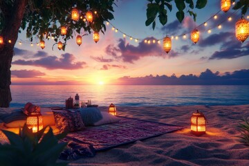 a vibrant and festive wallpaper illustrating a beachside suhoor picnic, lanterns, and a view of the sunrise over the ocean. with generative ai