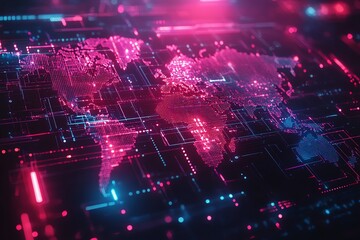 Obraz premium A glowing, digital world map with intricate circuit board lines, representing global connectivity and technological advancements.