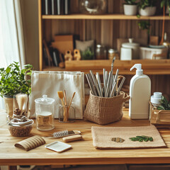 Fototapeta premium A scene with products, and cleaning supplies on a wooden table