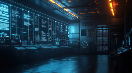 A futuristic control room with screens displaying data and information.