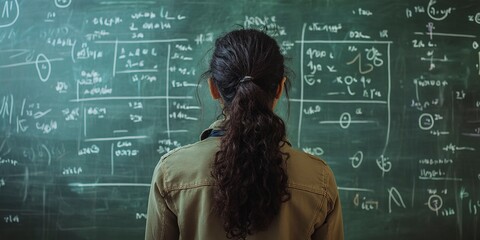 A concerned student stands in front of a chalkboard filled with complex equations. 