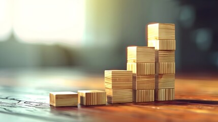 Wooden Blocks Model Data Growth Graph Finance over table and free copy space for your text banner. 3D Render illustration