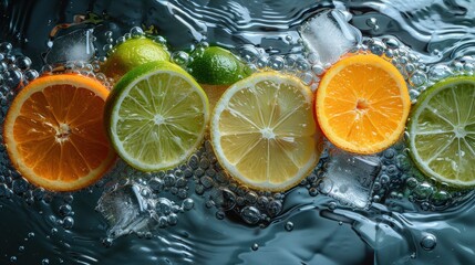 Citrus Fruit Slices Floating in Water with Ice Cubes
