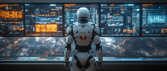 A futuristic robot observes a vibrant digital interface in a space command center, highlighting advanced technology and exploration.