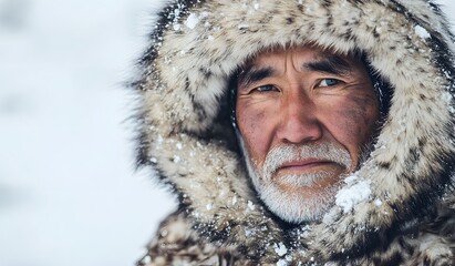 Portrait of an Inuit man in a fur coat, with a snowy landscape in the background