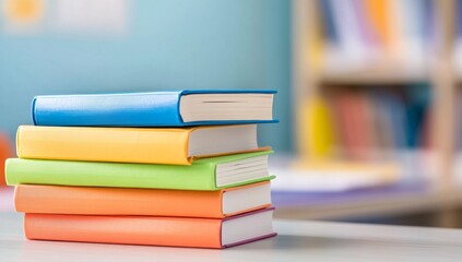 A stack of books on the desk in front, a blurred background