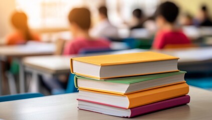 A stack of books on the desk in front, a blurred background