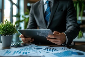 Consultant analyzing ESG risk factors, financial data on a tablet, modern office design