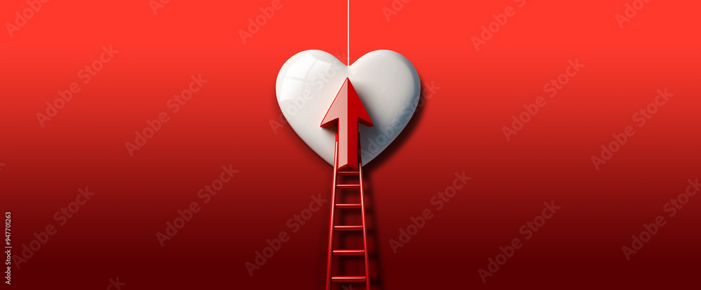 Poster symbol of a red arrow reaches a white heart by climbing a ladder on a red background with copy space
