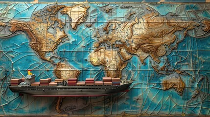 Naklejka premium Cargo Ship Model on a World Map with Distressed Texture