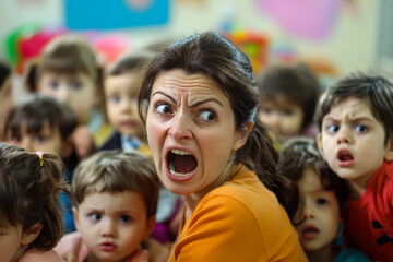 Fototapeta premium Daycare teacher overwhelmed with too many kids in her classroom