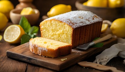 A sliced loaf of homemade lemon cake on wooden board with kitchen background, high resolution photography
