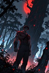 a  strong man standing in middle of the forest at night  black and withe with red moon high-quality