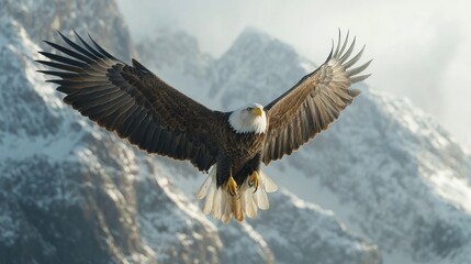 Naklejka premium Bald Eagle Soaring Above Snow-Covered Mountains