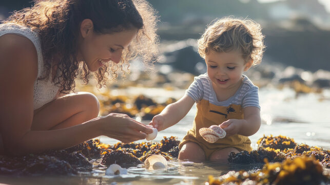 Mother and her child collecting seashells and exploring tide pools during a sunny day at the beach , family Summer Beachcombing concept image