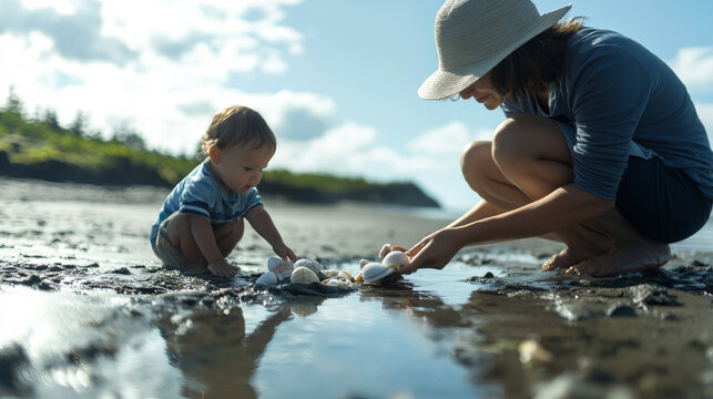 Mother and her child collecting seashells and exploring tide pools during a sunny day at the beach , family Summer Beachcombing concept image - Powered by Adobe