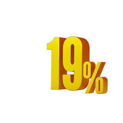 3d illustration of golden number 19 percent or 19% isolated on white background. 3d render.