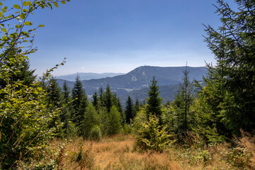 Mountainous mountain landscape on a hot summer day in late summer
