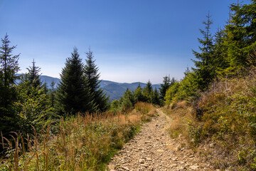 Mountainous mountain landscape on a hot summer day in late summer