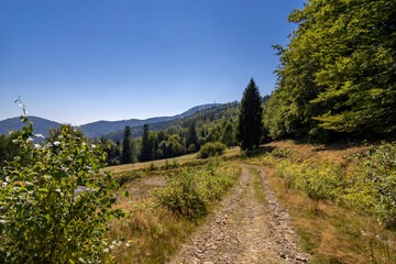 Mountainous mountain landscape on a hot summer day in late summer