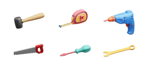 Cute colorful 3D tools toys. Handsaw, rubber hammer, screwdriver, drill, wrench, tape measure. Carpenter or repair tools equipment. PNG file type. 3D Illustration.