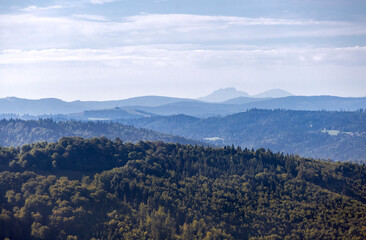 Fototapeta premium Mountainous mountain landscape on a hot summer day in late summer