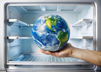 hand put earth globe in fridge. Solution to global warming