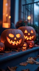 Fototapeta premium Halloween pumpkins on a fuzzy background of an American porch with glowing faces