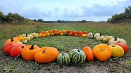 A circle of pumpkins in a field with a cloudy sky above.
